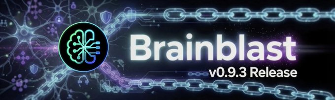 A promotional banner for "Brainblast v0.9.3 Release" featuring a stylized brain-circuit logo set against a dark background of chains and neural network patterns. The design visually reinforces the announcement of the Brainblast Agent Wallet, symbolizing the intersection of AI agents and secure crypto operations on Solana with $BRAIN, $USDC, and $SOL.