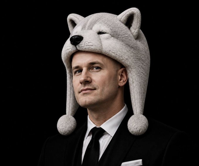 A man in a formal black suit and tie wears a large, plush wolf hat, visually echoing the "wolf" reference in the caption about Base becoming the leading blockchain once DRB and Wolf reach billion-dollar valuations.