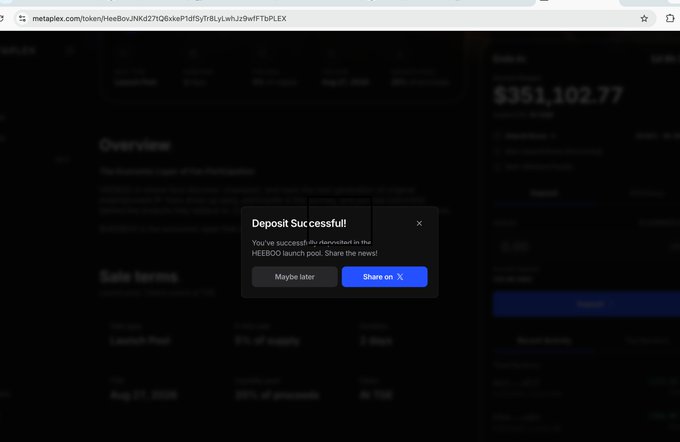 A dark screenshot of the Metaplex token page for HEEBOO showing a 'Deposit Successful' popup message indicating the user successfully deposited in the HEEBOO launch pool.