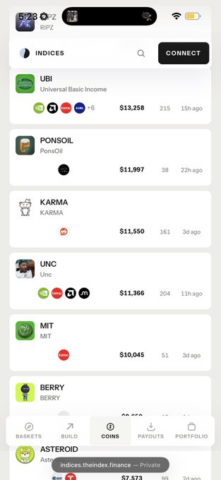 A mobile app screenshot showing a 'Indices' marketplace with various crypto tokens listed including UBI ($13,258), PonsOIL ($11,997), KARMA ($11,550), UNC ($11,366), MIT ($10,045), and BERRY.