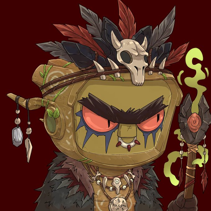 A fierce cartoon shaman character with a wooden mask-like head, glowing red eyes, a horned skull headdress with feathers, and a mystical staff emanating green smoke, set against a dark red background—fittingly matching the tribal, mystical vibe of the greeting to @OriginalBlokyz.