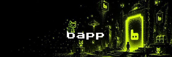 A dark, pixel-art style graphic featuring "Bapp" text alongside a glowing green portal, treasure chests, and shadowy structures, promoting a giveaway of 7 guaranteed spots through @Bappfun and @coinmemes on Notis where users can drop their EVM wallets for a chance to win within 24 hours.