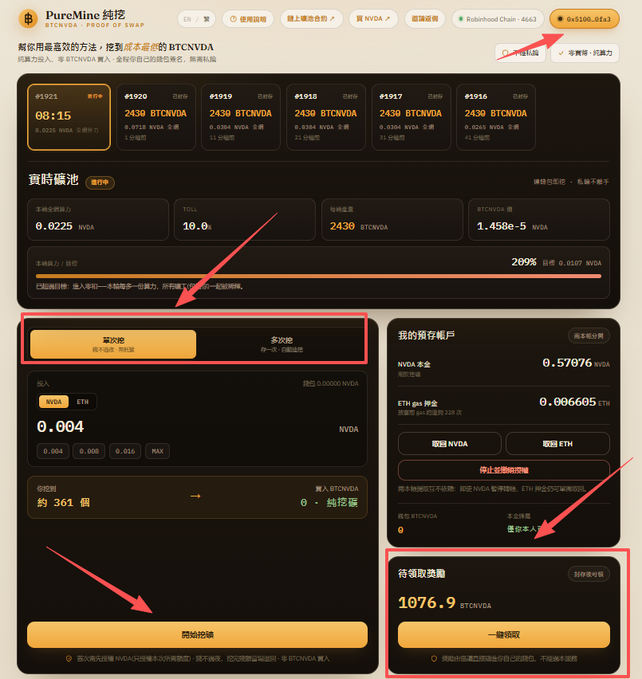 A screenshot of the PureMine Pure礦 platform dashboard in Traditional Chinese, showing BTCNVDA mining statistics, NVDA token balance, deposit/withdraw interface, and pending rewards of 1076.9 BTCNVDA, with several red arrows highlighting key UI elements.