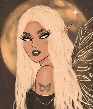 A digital artwork of an elf-like woman with long platinum blonde hair, pointed ears, fairy wings, and a butterfly tattoo on her shoulder, set against a moonlit night sky.