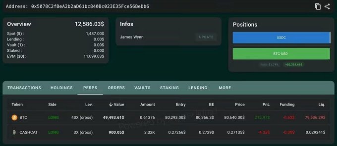 Crypto portfolio dashboard for James Wynn showing $12,586.03 equity, $11,099.03 staked, and long BTC-USDC and CASHCAT perpetual positions with substantial leverage and unrealized profit/loss figures.