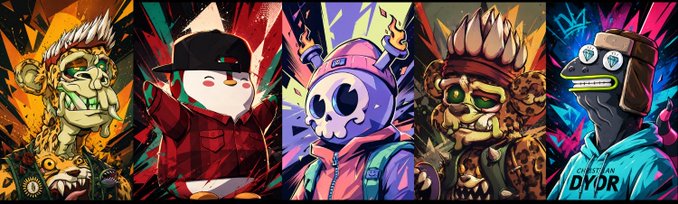 A vibrant collage of NFT characters representing Quirkies, Bored Ape, Lil Pudgys, a Creepz skeleton, and a Killa Bear, with "CHRISTIAN DYOR" text visible on the rightmost figure as a customized banner image. The artwork serves as a new profile banner showcasing the collection of NFT projects mentioned in the post.