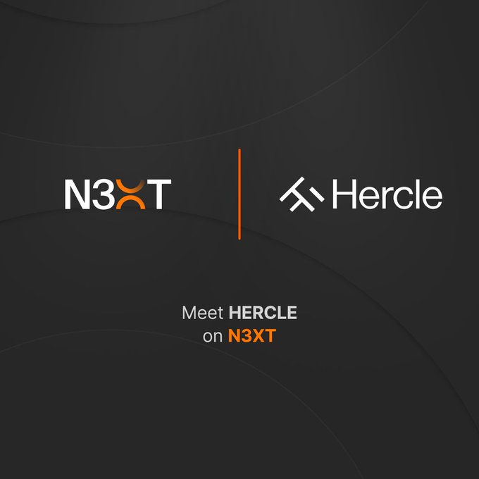 A dark promotional graphic displaying the logos 'N3XT' and 'Hercle' separated by an orange vertical line, with text reading 'Meet HERCLE on N3XT'.
