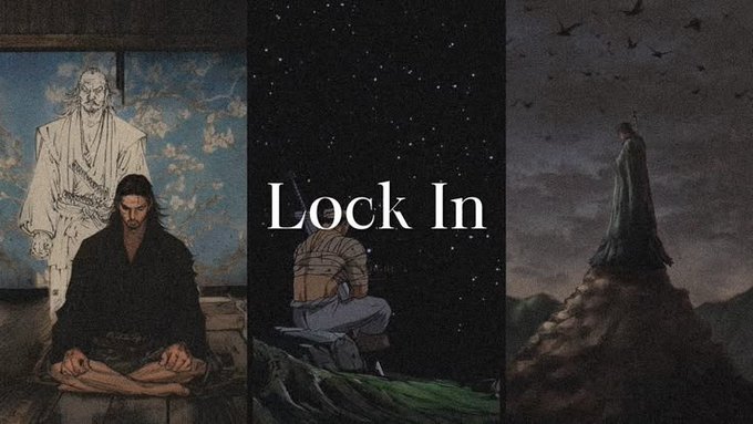 The image is a triptych featuring a meditating figure in dark robes seated beneath a painted portrait (left), a hunched figure on a starry night landscape (center), and a cloaked figure standing on a rocky peak surrounded by birds (right), with the text "Lock In" overlaid in the middle panel.

The meditative, isolated postures across all three panels visually reinforce the post's message about deep focus and intentional dedication—mirroring the "Lock In" theme of locking down scarce, verifiable hardware power rather than chasing the next flashy dApp narrative.