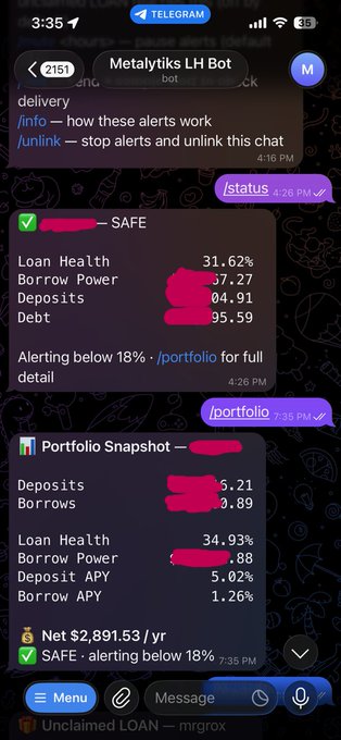 A Telegram chat screenshot with 'Metalytiks LH Bot' showing portfolio status commands including '/status' and '/portfolio', displaying metrics like Loan Health (31.62%), Borrow Power, Deposits, and a Net earnings of $2,891.53/yr.