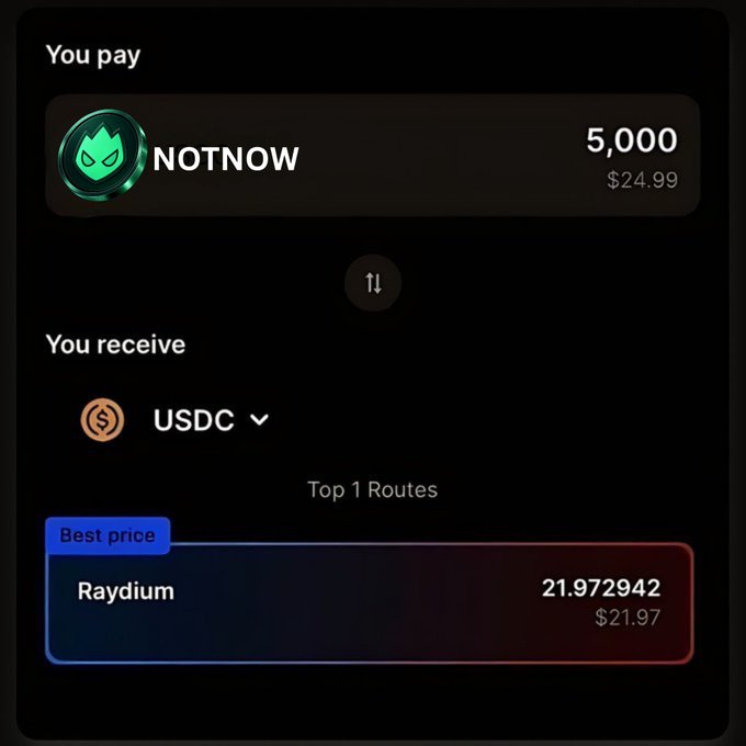 A crypto swap interface showing a trade paying 5,000 NOTNOW ($24.99) to receive approximately 21.97 USDC ($21.97) via Raydium at the best price.