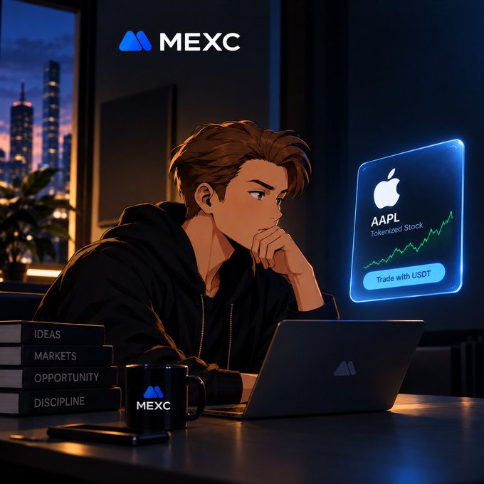 A young man sits thoughtfully at his laptop with a MEXC mug and a stack of books labeled "IDEAS," "MARKETS," "OPPORTUNITY," and "DISCIPLINE," gazing at a glowing AAPL tokenized stock chart displaying an upward trend with a "Trade with USDT" button, illustrating that gaining stock exposure no longer requires buying actual shares.