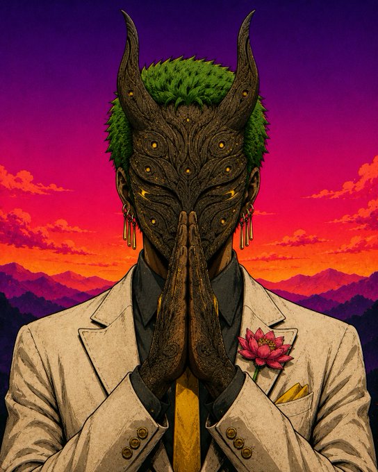 A stylized digital illustration of a figure wearing a horned, multi-eyed mask with praying hands, dressed in a cream-colored suit with a yellow tie and a pink lotus flower, set against a vibrant purple and orange sunset sky.