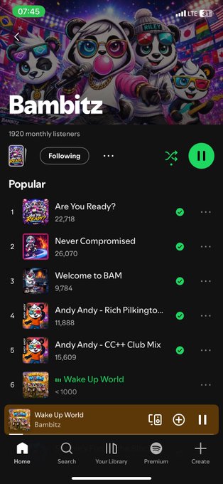 A Spotify artist profile page for 'Bambitz' showing 1,920 monthly listeners with a header image of panda characters wearing sunglasses and hats, displaying popular tracks like 'Are You Ready?', 'Never Compromised', and 'Wake Up World'.