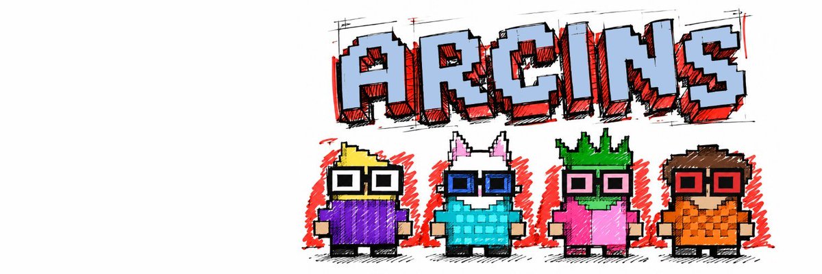 A logo or banner for an NFT collection called 'ARCANES' featuring four pixel-art characters with different colored hair and glasses.