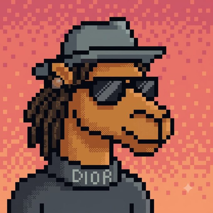 A pixel art illustration of a brown dog wearing a cap, sunglasses, and a hoodie with the word 'DIOR' on a pink dotted background.