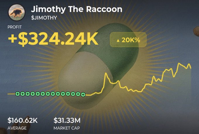 A meme-style crypto portfolio display for "Jimothy The Raccoon" ($JIMOTHY) showing a profit of +$324.24K with a 20K% gain and an avocado graphic.