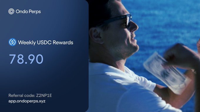 A promotional graphic for Ondo Perps displays "Weekly USDC Rewards" of $78.90 alongside a man in sunglasses, with the referral code "Z2NP1E" and website "app.ondoperps.xyz" listed below.