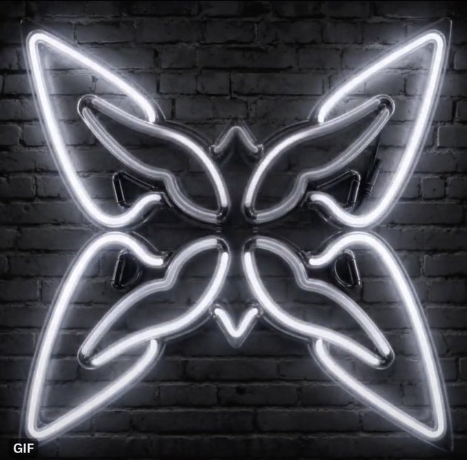 A glowing white neon butterfly-shaped sign mounted on a dark brick wall.