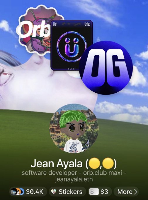 A profile card for Jean Ayala, a software developer and 'orb.club maxi' with the handle jeanayala.eth, featuring an avatar of a cartoon character with green hair, a holding of 30.4K, and various NFT badges including an 'OG' badge.
