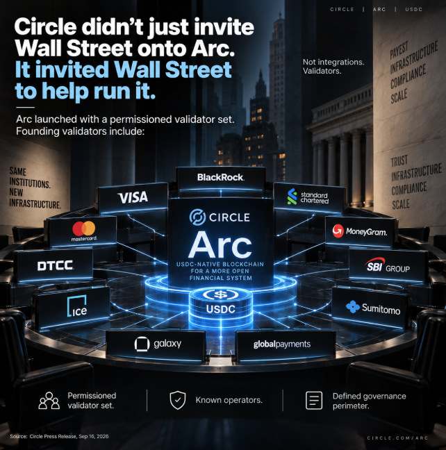 Promotional graphic for Circle's Arc blockchain, highlighting Wall Street involvement as validators, with founding partners including BlackRock, Visa, Mastercard, Standard Chartered, MoneyGram, SBI Group, Sumitomo, DTCC, Ice, Galaxy, and GlobalPayments. Key text: 'Circle didn't just invite Wall Street onto Arc. It invited Wall Street to help run it.' and 'CIRCLE | ARC | USDC'.