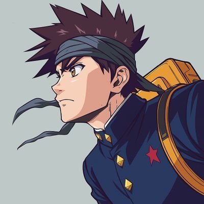 Anime-style artwork of a spiky-haired male character wearing a headband and dark blue outfit with a red star, carrying a yellow backpack strap over his shoulder.
