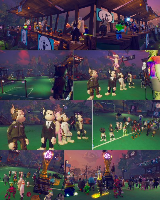 Players gather at a wooden pavilion and soccer pitch for the Otherside Cup, a collaborative event between OtherBallz and OtherGamesXYZ, with a scoreboard visible showing "640 619" and a trophy marked "Otherside Cup 24/25" surrounded by furry avatars.