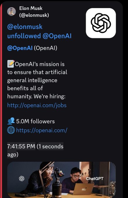 The image shows a tweet from Elon Musk (@elonmusk) unfollowing @OpenAI, alongside OpenAI's bio stating their mission is to ensure AGI benefits all of humanity, with 5.0M followers and a link to openai.com/jobs, plus a "ChatGPT" image at the bottom. The accompanying "And it started. $SCAM" post appears to mock OpenAI, suggesting Musk's unfollow signals the beginning of Musk criticizing or distancing himself from the organization, implying it is a scam.