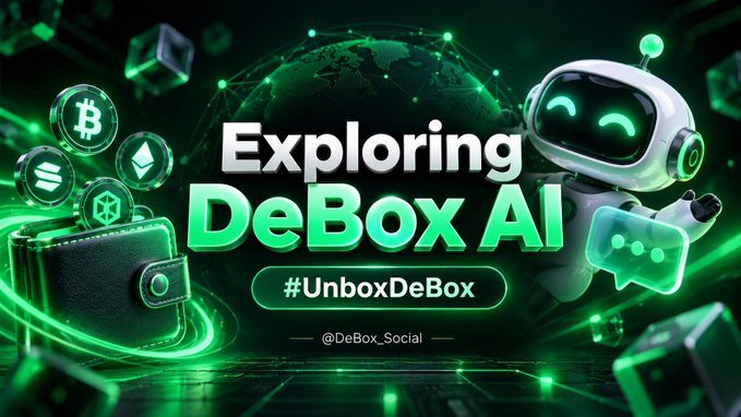 A promotional graphic features a green robot mascot, cryptocurrency coins, a wallet, and the text 'Exploring DeBox AI' with the hashtag '#UnboxDeBox' and handle '@DeBox_Social'.