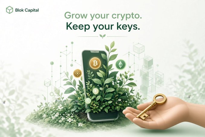 An advertisement for 'Blok Capital' reading 'Grow your crypto. Keep your keys.', featuring an illustration of a smartphone surrounded by green plants and a hand holding a golden key.
