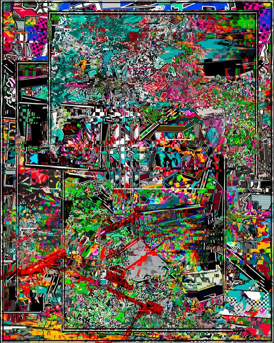 A chaotic, colorful abstract digital artwork featuring dense layers of glitch art, floral patterns, and geometric shapes in vibrant reds, greens, and blues.