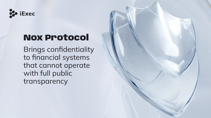 The image features a glass shield with three layers of transparent glass arranged in a triangular formation. The background of the image is white, which contrasts with the transparency of the glass shield. Below the shield, there is text that reads "Nox Protocol". This text suggests that the image might be related to a discussion or presentation about the Nox Protocol, possibly focusing on its financial implications and how it can provide confidentiality in certain situations.