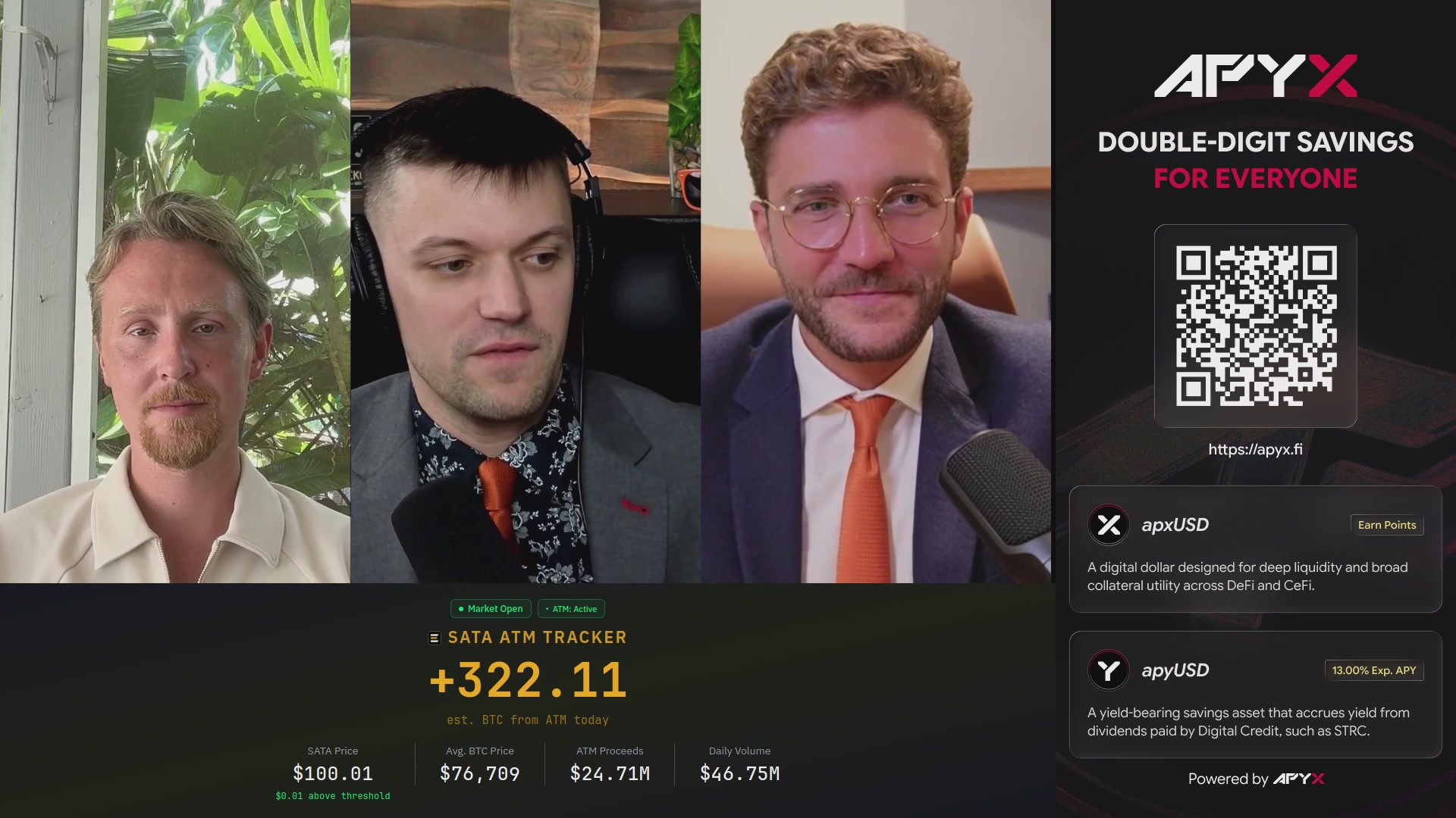 The image shows a poster for a live stream featuring four men wearing suits and ties. The poster also includes a QR code that leads to an article about Bitcoin.