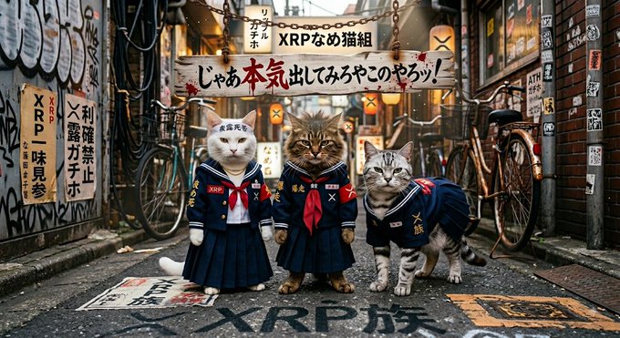 Three cats dressed in Japanese school uniforms (sailor suits) stand in an alleyway with Japanese signs and bicycles, featuring text including 'XRP' and other Japanese characters.