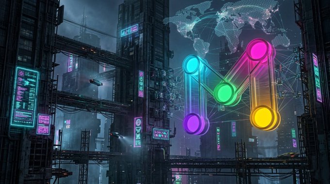 The image depicts a vibrant, cyberpunk-style cityscape at night, featuring towering skyscrapers illuminated by glowing neon signs in pink and green hues. Above the city, a colorful "M" logo composed of connected, brightly lit nodes is superimposed on a wireframe globe, visually representing MarsChain's interconnected, global blockchain network based on Proof of Contribution.