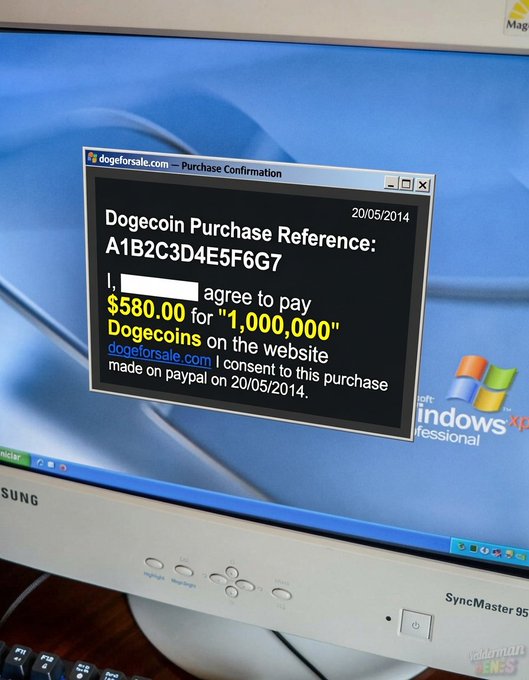 The image shows a computer screen displaying an advertisement for selling a dog coin, with a message asking $80,000 for 1 Bitcoin, indicating that users are purchasing digital currency for dogs. The post also mentions a recent event where people bought $DOGE back in 2014, which seems to be related to the dog coin advertising.