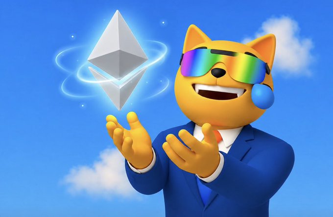 A cartoon dog wearing rainbow sunglasses and a blue suit joyfully conjures an Ethereum (ETH) logo with glowing magic effects against a sky background, visually representing the post's sentiment that ETH is the premier gas token for the $MOG meme coin.