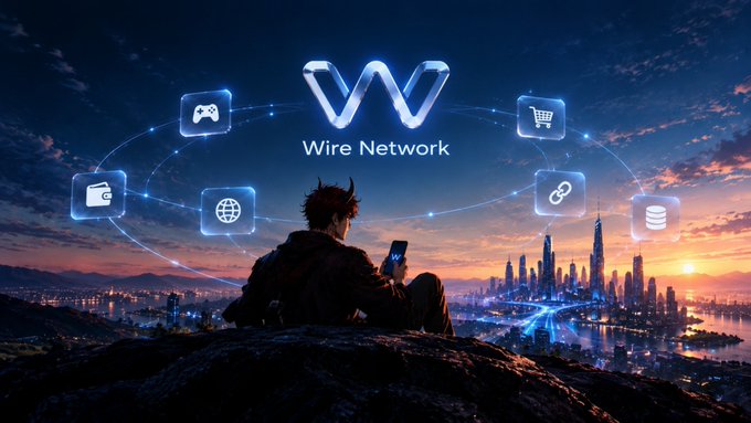 The image depicts a person sitting on a rocky overlook at sunset, facing a futuristic city skyline while holding a smartphone. Above them floats a glowing "W" logo labeled "Wire Network," surrounded by interconnected icons representing gaming, shopping, banking, and the web—visually symbolizing how seamless, invisible blockchain infrastructure should connect users to everyday services without exposing technical complexity.

The image reinforces the post's message by contrasting the user's simple experience (a person casually using their phone) with the sophisticated network of services behind it, illustrating the ideal of a blockchain layer that operates quietly beneath the surface like the modern internet.