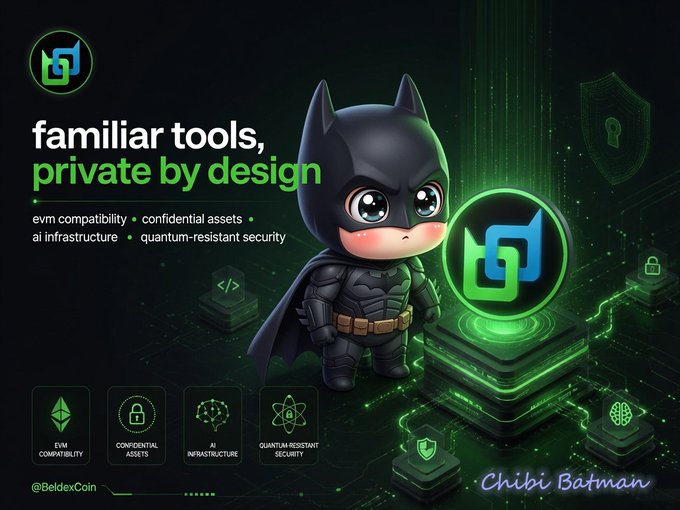 A chibi Batman character stands next to a glowing green logo, promoting "@BeldexCoin" with the tagline "familiar tools, private by design," highlighting features like EVM compatibility, confidential assets, AI infrastructure, and quantum-resistant security. The image illustrates the Web3 privacy tradeoff mentioned in the post—using the familiar superhero trope to emphasize Beldex's solution of providing transparent yet private tools to protect user identity in blockchain transactions.
