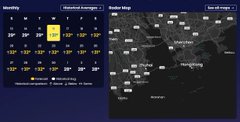 Two dark screens showing weather data: the left appears to be a historical climatology table for November, and the right is a radar map of Pennsylvania.