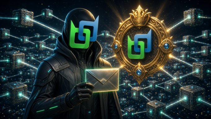 A digital art image shows a hooded figure holding a glowing envelope, with a 'GG' logo on their face, surrounded by floating cubes, with an ornate golden medallion bearing the same logo and a network of glowing lines against a starry cityscape background.