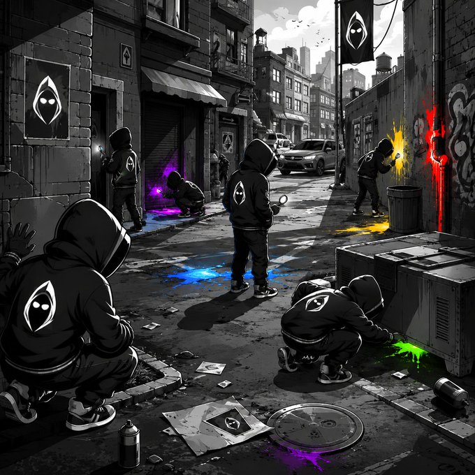 Hooded figures in matching emblem-emblazoned jackets scatter across a stark black-and-white urban alley, actively hunting down splashes of vibrant color—purple, yellow, red, blue, and neon green—that have infiltrated their monochromatic world.