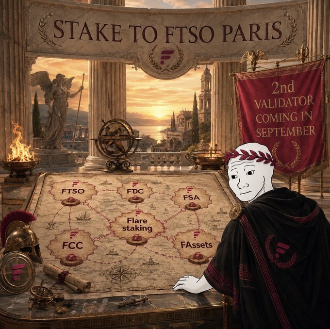 A promotional graphic titled 'STAKE TO FTSO PARIS' announces a '2nd VALIDATOR COMING IN SEPTEMBER' featuring the Flare network logo, an ancient Roman-style figure, and a map showing Flare staking connecting FTSO, FDC, FSA, FCC, and FAssets.