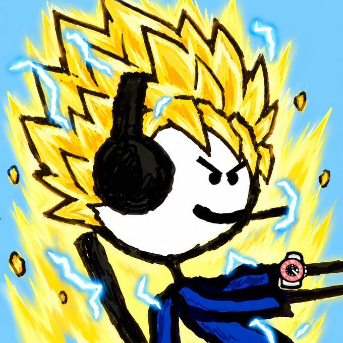 A hand-drawn cartoon drawing of a stick figure with spiky blonde hair, blue eyes, and headphones, surrounded by a yellow energy aura and lightning bolts.