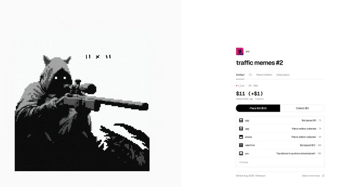 A screenshot of an NFT listing titled "traffic memes #2" showing a pixel-art illustration of a hooded figure with glowing eyes aiming a sniper rifle, priced at $11 (+$1) from the collection 'zav.'
