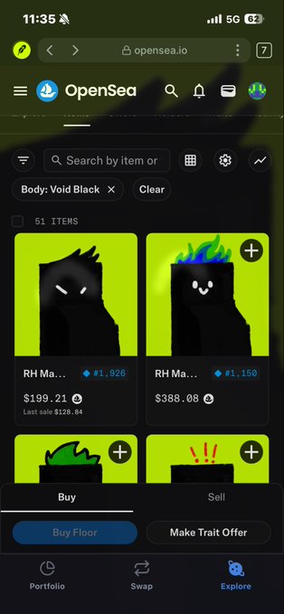 A screenshot of the OpenSea.io app on a mobile device, showing a marketplace listing for "Void Black" NFT items with prices in cryptocurrency, including a last sale of $128.84 and current listings at $199.21 and $388.08.