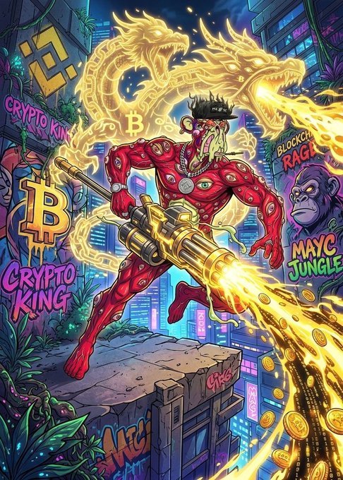 A cartoon illustration of a man with red hair dressed as a superhero holding a gun, who appears to be from outer space or another world. He wears a helmet that has a large, orange glow coming out of it, giving him an intense look. The background is vibrant and colorful, filled with symbols related to the crypto and cryptocurrency markets such as Bitcoins, Ether, and dollars. There are also several characters representing different cryptocurrencies in various colors like blue, green, red, and gold. The title at the top reads "Crypto Price in next 48 hours or i delete my account forever: $BTC ... sol ... etch !!!."