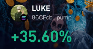 A profile card shows user "LUKE" (86CFcb...pump) with a green gain of +35.60%, visually representing the post's theme of riding the hype wave when celebrities and influencers "dig" into trending tokens.