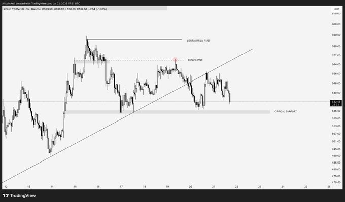 A TradingView candlestick chart for Zcash/USDT (ZEC) on Binance shows the price rejecting the $570 "Bounce Longs" pivot, with key levels marked including "Continuation Pivot" near $588 and "Critical Support" around $529, illustrating the failed breakout and subsequent trendline breakdown referenced in the analysis.