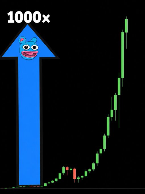 A financial meme showing a candlestick chart with a massive blue upward arrow and a cartoon face, labeled '1000×'.