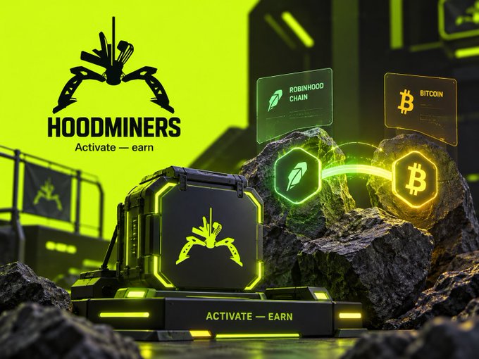 A promotional graphic for 'HOODMINERS' featuring a yellow and black mining-style device with the tagline 'Activate — earn,' alongside neon icons representing 'ROBINHOOD CHAIN' and 'BITCOIN.'